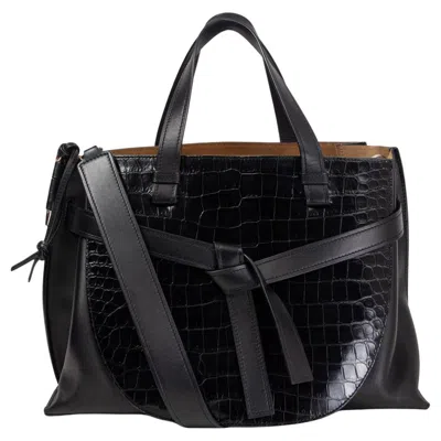 Pre-owned Loewe Black Leather & Crocodile Gate Top Handle Tote Bag