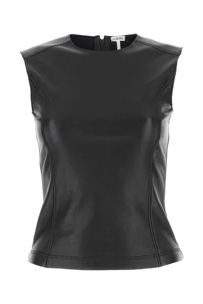 LOEWE BLACK LEATHER AND FABRIC TOP