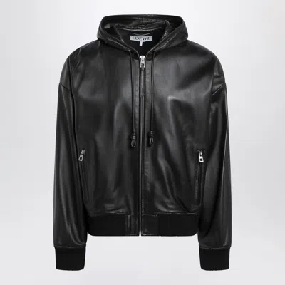 Loewe Black Leather Hooded Jacket Men