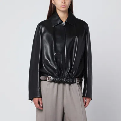 LOEWE LOEWE | BLACK RUCHED LEATHER JACKET WITH BELT