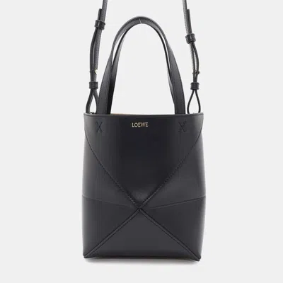 Pre-owned Loewe Black Shiny Calf Leather Mini Puzzlefold Tote Bag