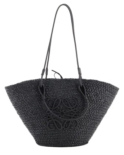 Pre-owned Loewe Black Woven Raffia Anagram Basket Tote Medium (authentic Pre-loved)