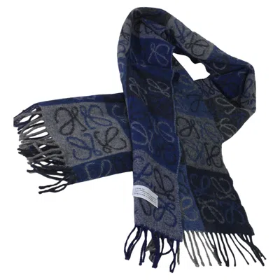 Pre-owned Loewe Blue Grey Wool Cashmere Double Face Anagram Fringe Scarf In Gray