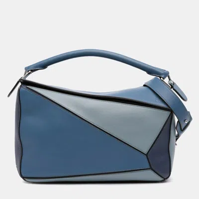 Pre-owned Loewe Blue Medium Tricolor Calfskin Puzzle Satchel