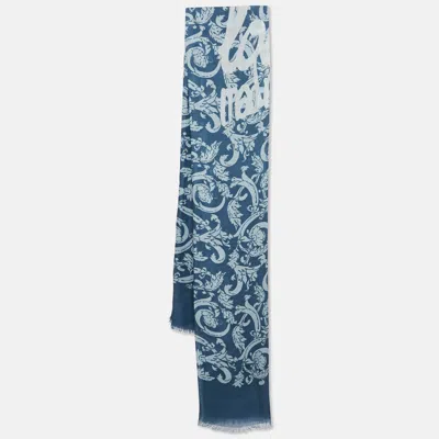 Pre-owned Loewe Blue Print Cotton And Cashmere Fringed Scarf
