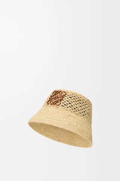 Loewe Anagram Bucket Hat In Raffia And Leather Skin Size:s For Woman In Brown