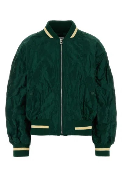 Loewe Womens Dark Green Crinkled-texture Striped-trim Woven Bomber Jacket