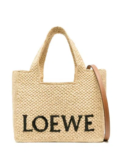 Loewe Small  Font Tote Bag In Raffia In Nude & Neutrals