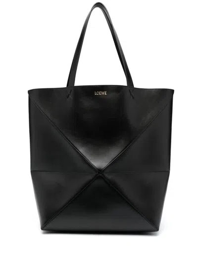Loewe Xl Puzzle Fold Tote In Shiny Calfskin In Black