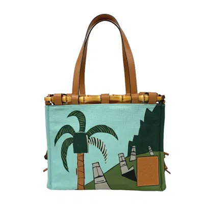 Pre-owned Loewe Brown Light Blue Canvas Leather Tote Bag () In Brown, Light Blue