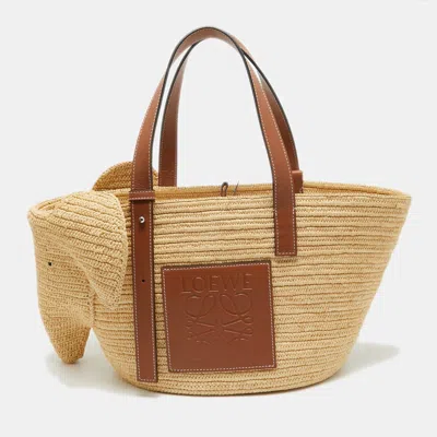 Pre-owned Loewe Brown/natural Palm Leaf And Leather Elephant Basket Tote