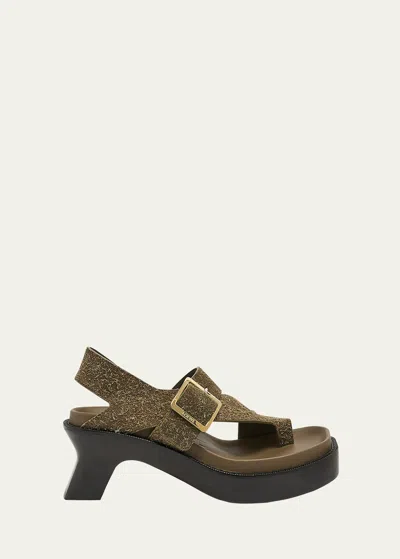 Loewe Brushed Suede Toe-loop Buckle Sandals In Khaki Green