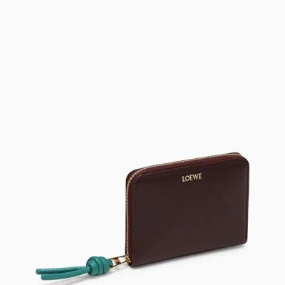 Loewe Burgundy Leather Compact Wallet With Emerald Knot Zipper For Women