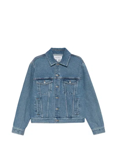 Loewe Anagram Leather-trimmed Cutout Denim Trucker Jacket In Blue