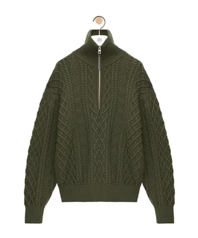Loewe Cable-knit Wool Half-zip Rollneck Sweater In Green