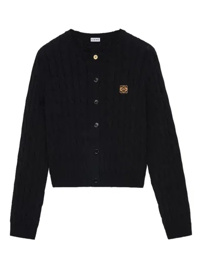 Loewe Embroidered Cable-knit Cotton Cardigan In Black