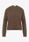 Loewe V Neck Cable Knit Sweater Ribbed Cuffs Hem In Brown
