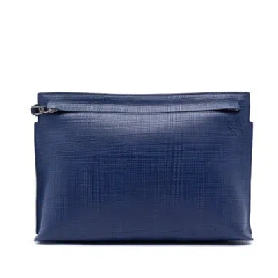 Pre-owned Loewe Calf Leather Large Linen Embossed Calfskin Anagram T Pouch In Blue