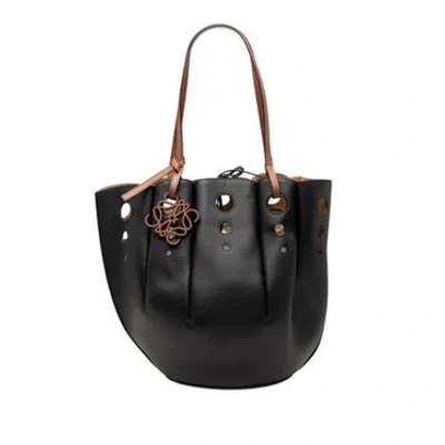 Pre-owned Loewe Calf Leather Paulas Ibiza Perforated Leather Shell Basket Tote In Black