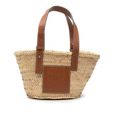 Pre-owned Loewe Calf Leather Small Raffia Anagram Basket Tote In White