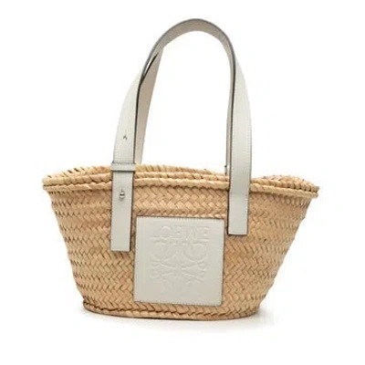 Pre-owned Loewe Calf Leather Small Raffia Anagram Basket Tote In White