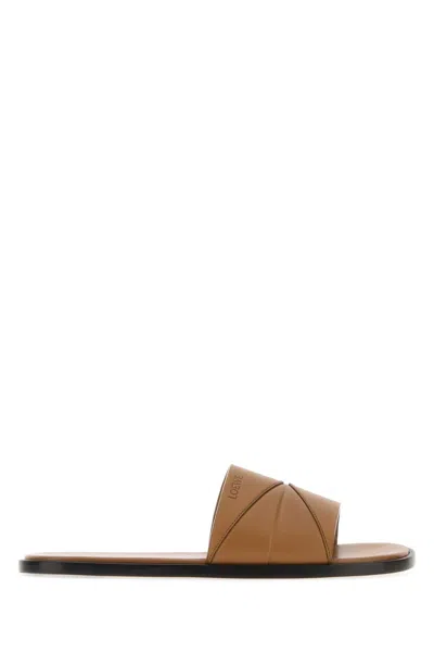 Loewe Camel Leather Slippers In Brown