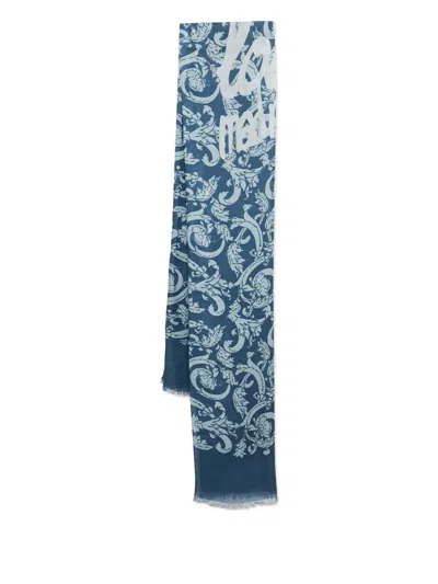 Pre-owned Loewe Cashmere Cotton Floral Scarf In Blue