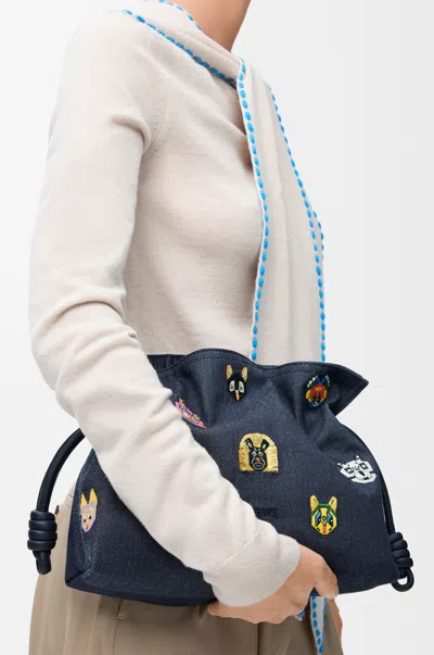 Loewe Cats Medium Flamenco Clutch In Embroidered Denim For Woman In Blue