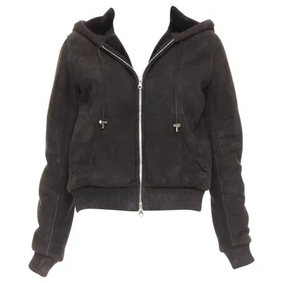 Pre-owned Loewe Charcoal Brown Lamb Shearling Lined Hooded Cropped Suede Jacket Fr38 M In Black
