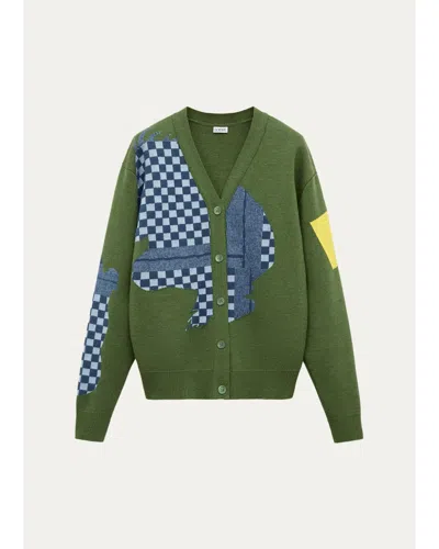 Loewe Check Colorblocked Wool-blend Cardigan In Animal Print