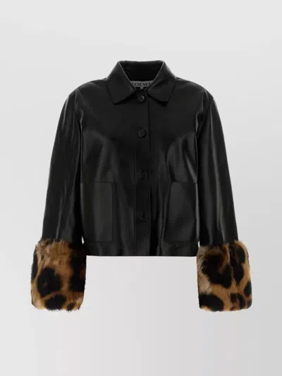 Loewe Collared Leather Jacket Featuring Faux Fur Cuffs In Black