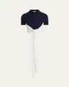 Loewe Colorblock Cropped Backless Wool Cashmere Polo Sweater With Self-tie In Navy Ecru