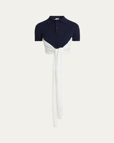 Loewe Colorblock Cropped Backless Wool Cashmere Polo Sweater With Self-tie In Blue