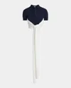 Loewe Colorblock Cropped Backless Wool Cashmere Polo Sweater With Self-tie In Navy Ecru