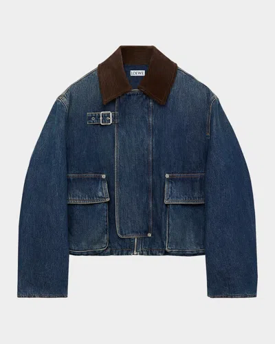 Loewe Corduroy-collar Denim Short Parka Jacket In Dark Blue