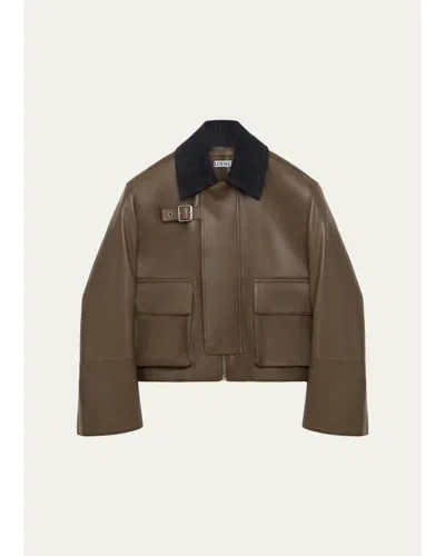 Loewe Corduroy-collar Leather Utility Jacket In Brown