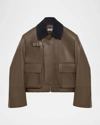 Loewe Corduroy-collar Leather Utility Jacket In Brown