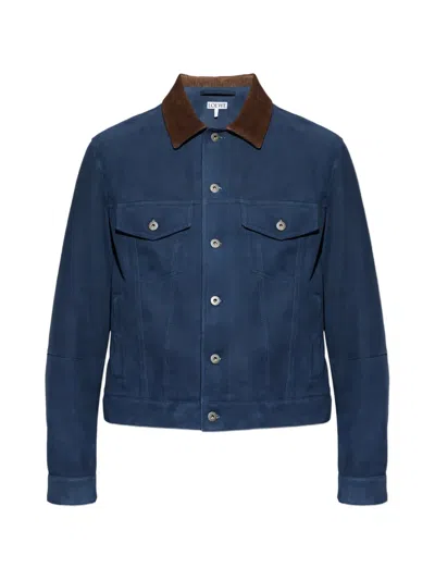 Loewe Mens Contrast-collar Suede Jacket Navy Blue
