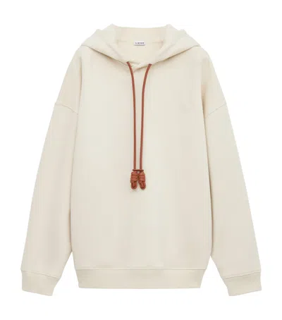 Loewe Logo-embroidered Leather-trimmed Cotton-jersey Hoodie In Neutral