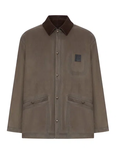 Loewe Cotton Blend Overshirt With Anagram Pattern In Brown