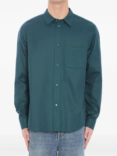 Loewe Cotton Shirt With Applied Pocket And Pointed Collar In Blue