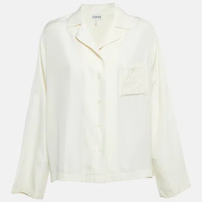 Pre-owned Loewe Cream Logo Embroidered Silk Anagram Shirt L In White