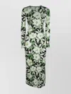 Loewe Crew Neck Floral Long Sleeve Side Slit Stretch Dress