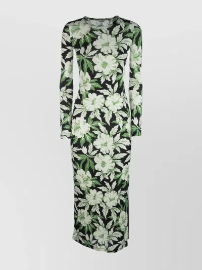 Loewe Crew Neck Floral Long Sleeve Side Slit Stretch Dress