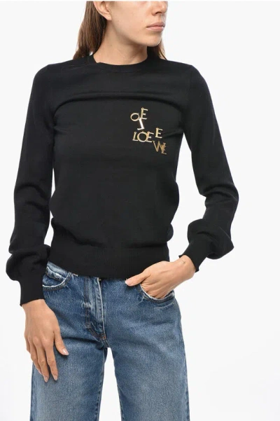 Loewe Crew Neck Wool Sweater With Logo Charm In Black