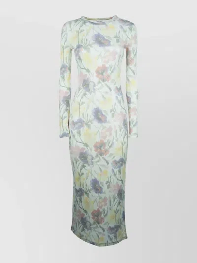 Loewe Ribbed Floral-print Silk-blend Midi Dress In Green