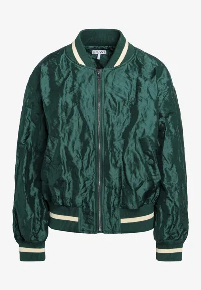Loewe Womens Dark Green Crinkled-texture Striped-trim Woven Bomber Jacket