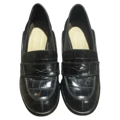 Pre-owned Loewe Croc Embossed Leather Loafers Sculptural Gold Heel Eu 37 In Black