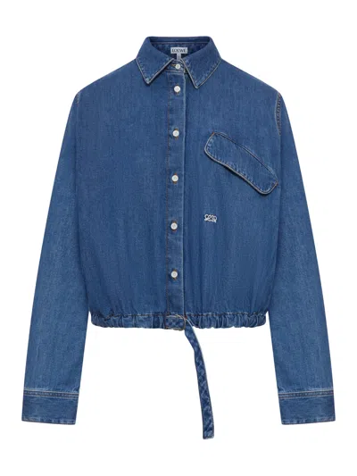 Loewe Cropped Denim Shirt With Drawstring At The Bottom In Blue