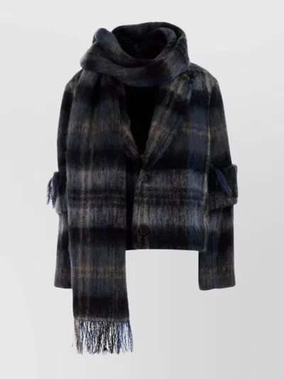 Loewe Cropped Plaid Blazer Fringed Scarf In Black